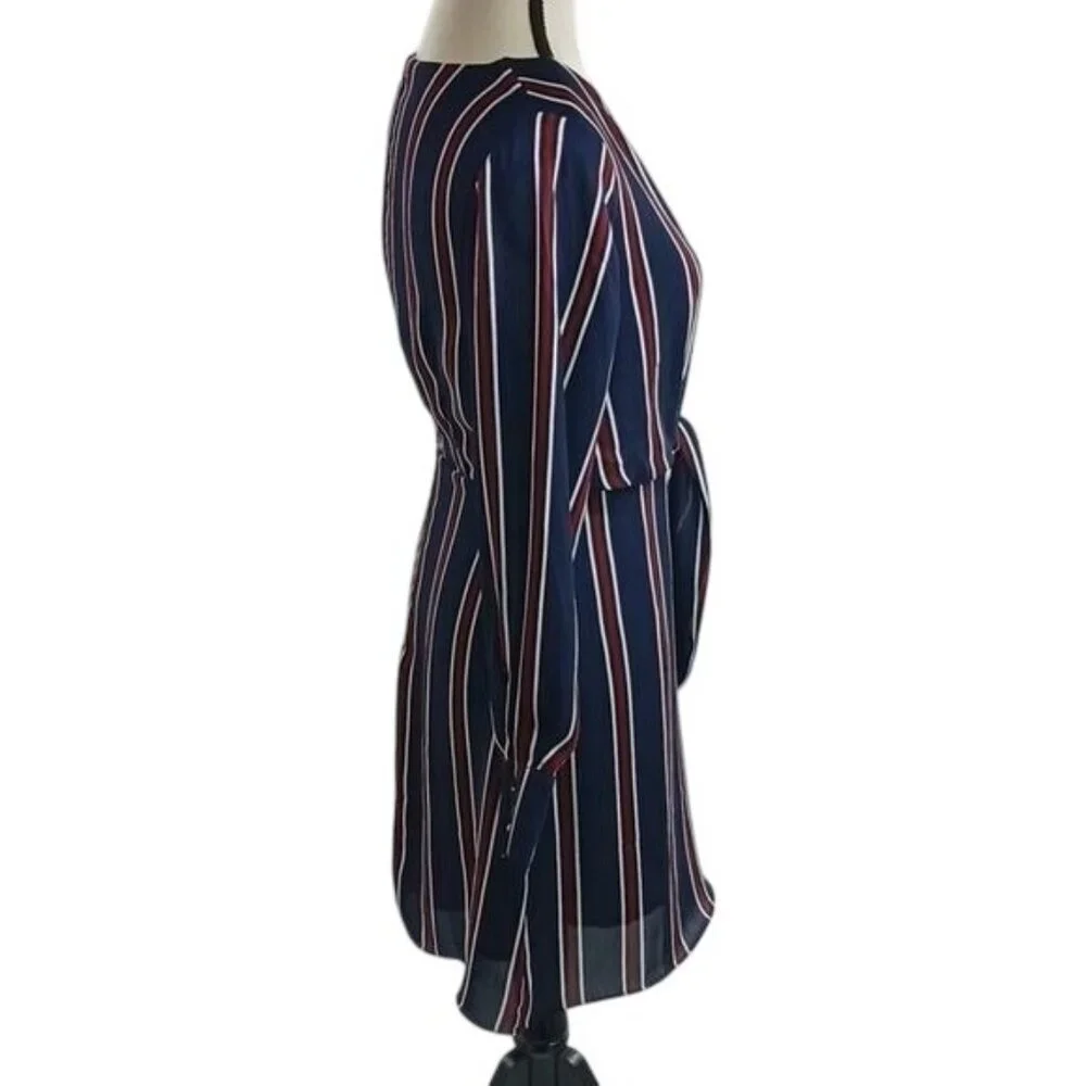 Lulus Womens Size XS Dress Navy Red White Striped Long Sleeve Tie Waist Mini